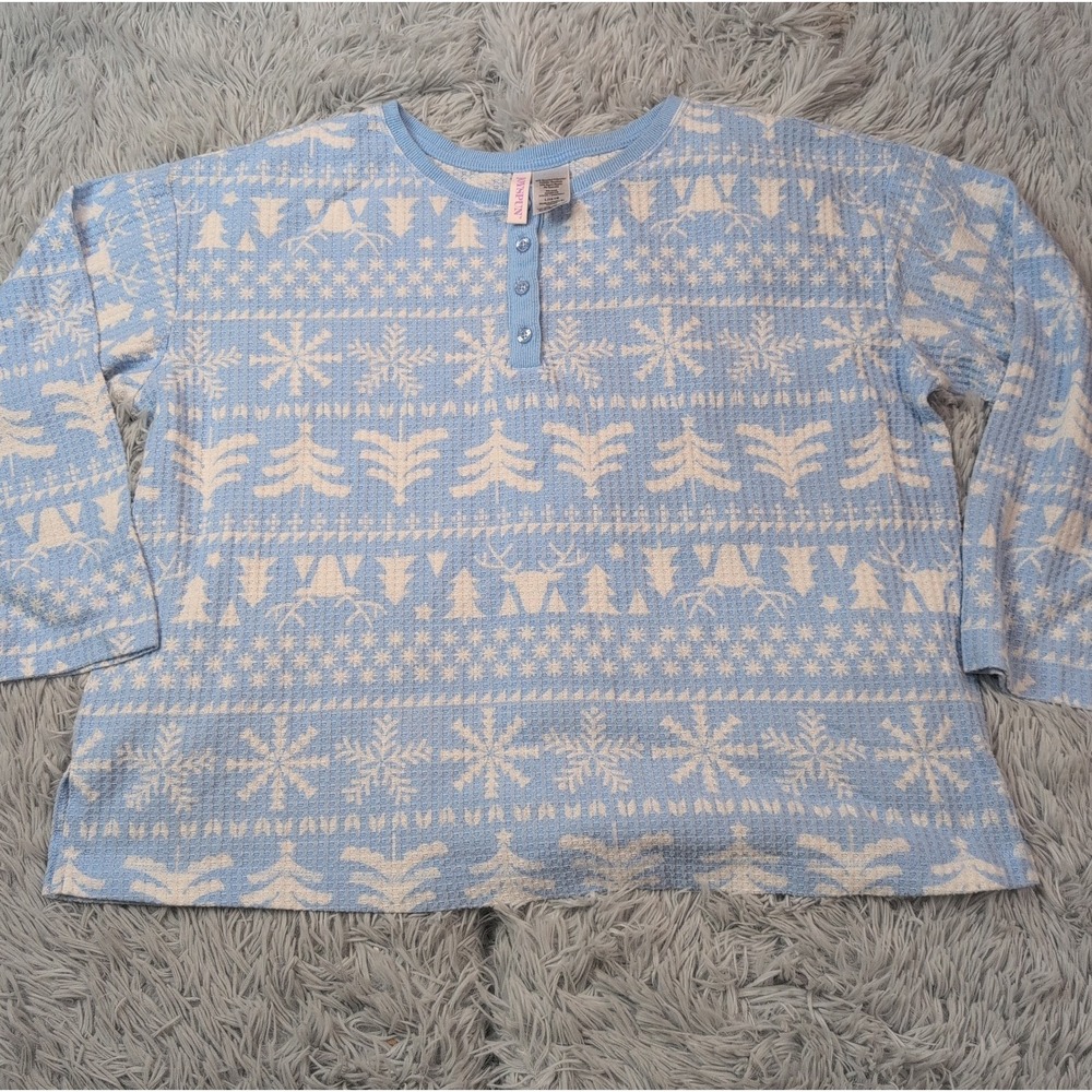 Joyspun Shirt Womens L Blue Waffle Christmas Holiday Snowflake Soft Comfort
